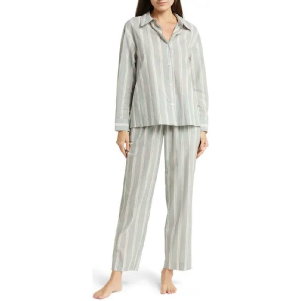 Eberjey Striped Two-Piece Pajama Set in Sage and White